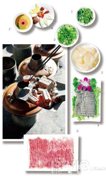 1.香菜2.香蔥3.糖蒜4.毛肚5.手切羊肉6.涮肉鍋底料7.麻醬小料8.銅鍋炭火 1.香菜2.香蔥3.糖蒜4.毛肚5.手切羊肉6.涮肉鍋底料7.麻醬小料8.銅鍋炭火
